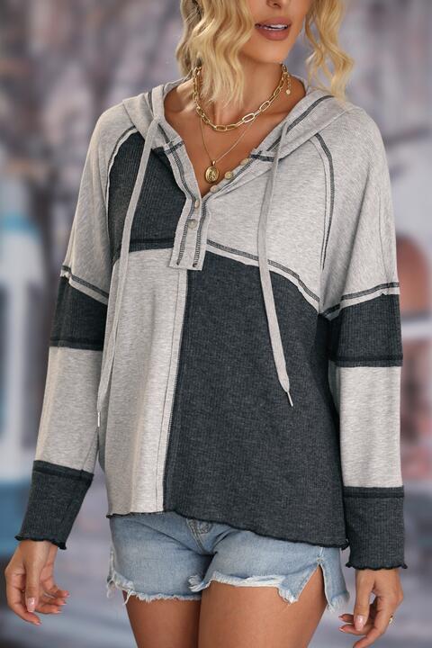 Light Slate Gray Multicolor Colorblock Ribbed Henley Hoodie Sentient Beauty Fashions Tops