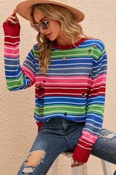 Tan Striped Distressed Cutout Round Neck Sweater