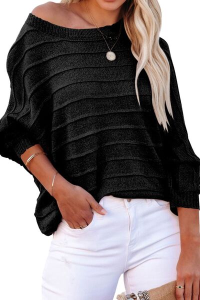 Black Striped Ribbed Trim Round Neck Sweater Sentient Beauty Fashions Apparel &amp; Accessories