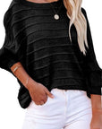 Black Striped Ribbed Trim Round Neck Sweater Sentient Beauty Fashions Apparel & Accessories