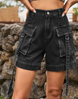 Dark Slate Gray High Waist Denim Cargo Shorts Sentient Beauty Fashions Apparel & Accessories