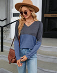 Dim Gray V-Neck Long Sleeve Two-Tone T-Shirt