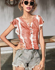 Rosy Brown Tie-Dye Buttoned Flutter Sleeve Blouse