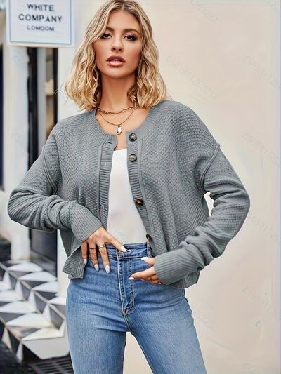 Gray Button Up Dropped Shoulder Cardigan Sentient Beauty Fashions Apparel & Accessories