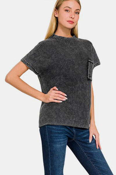 Beige Zenana Pocketed Mock Neck Short Sleeve Sweater Sentient Beauty Fashions Apparel &amp; Accessories