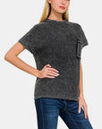 Beige Zenana Pocketed Mock Neck Short Sleeve Sweater