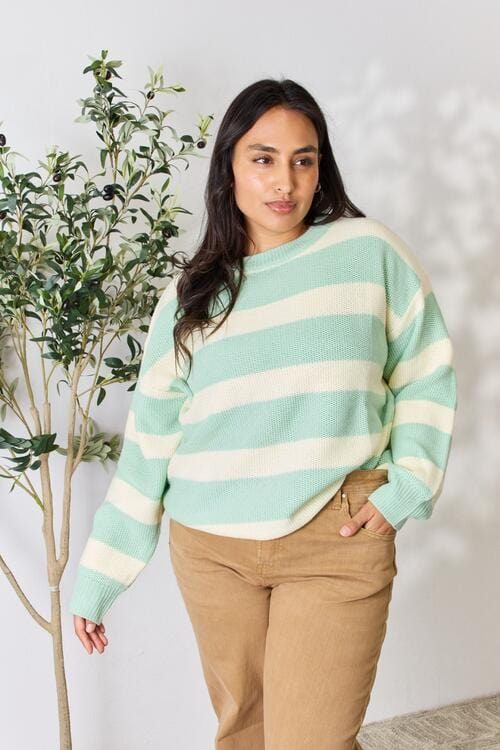 Light Gray Sew In Love Full Size Contrast Striped Round Neck Sweater