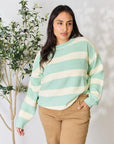 Light Gray Sew In Love Full Size Contrast Striped Round Neck Sweater