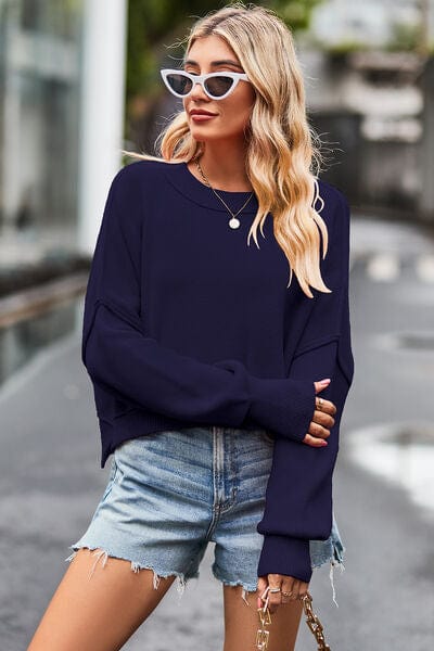 Light Slate Gray Round Neck Drop Shoulder Long Sleeve Sweater