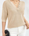 Light Gray Openwork Half Button Dropped Shoulder Knit Top Sentient Beauty Fashions Apparel & Accessories