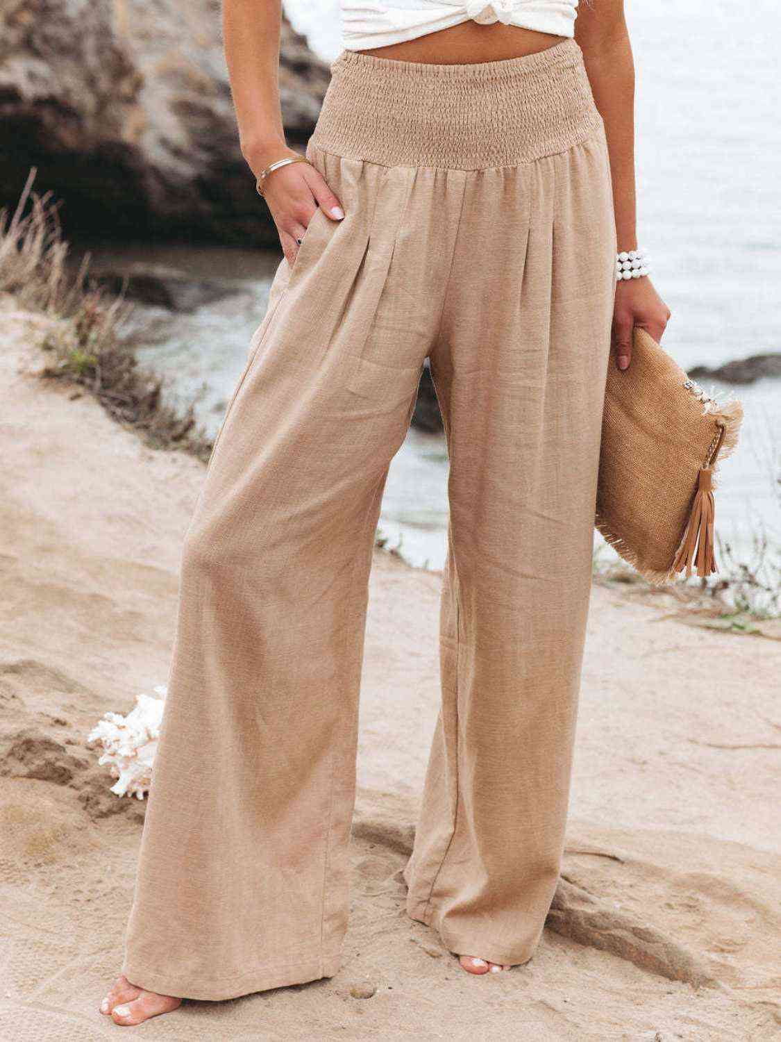 Rosy Brown Full Size Smocked Waist Wide Leg Pants Sentient Beauty Fashions Apparel & Accessories