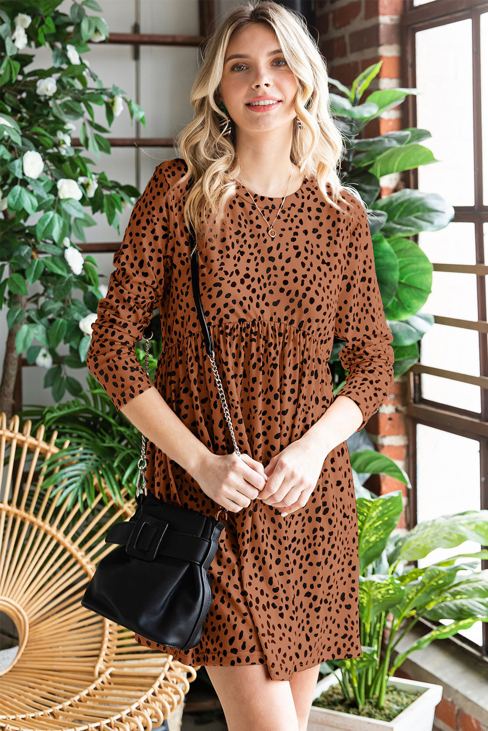 Rosy Brown Printed Round Neck Long Sleeve Dress Sentient Beauty Fashions Dresses