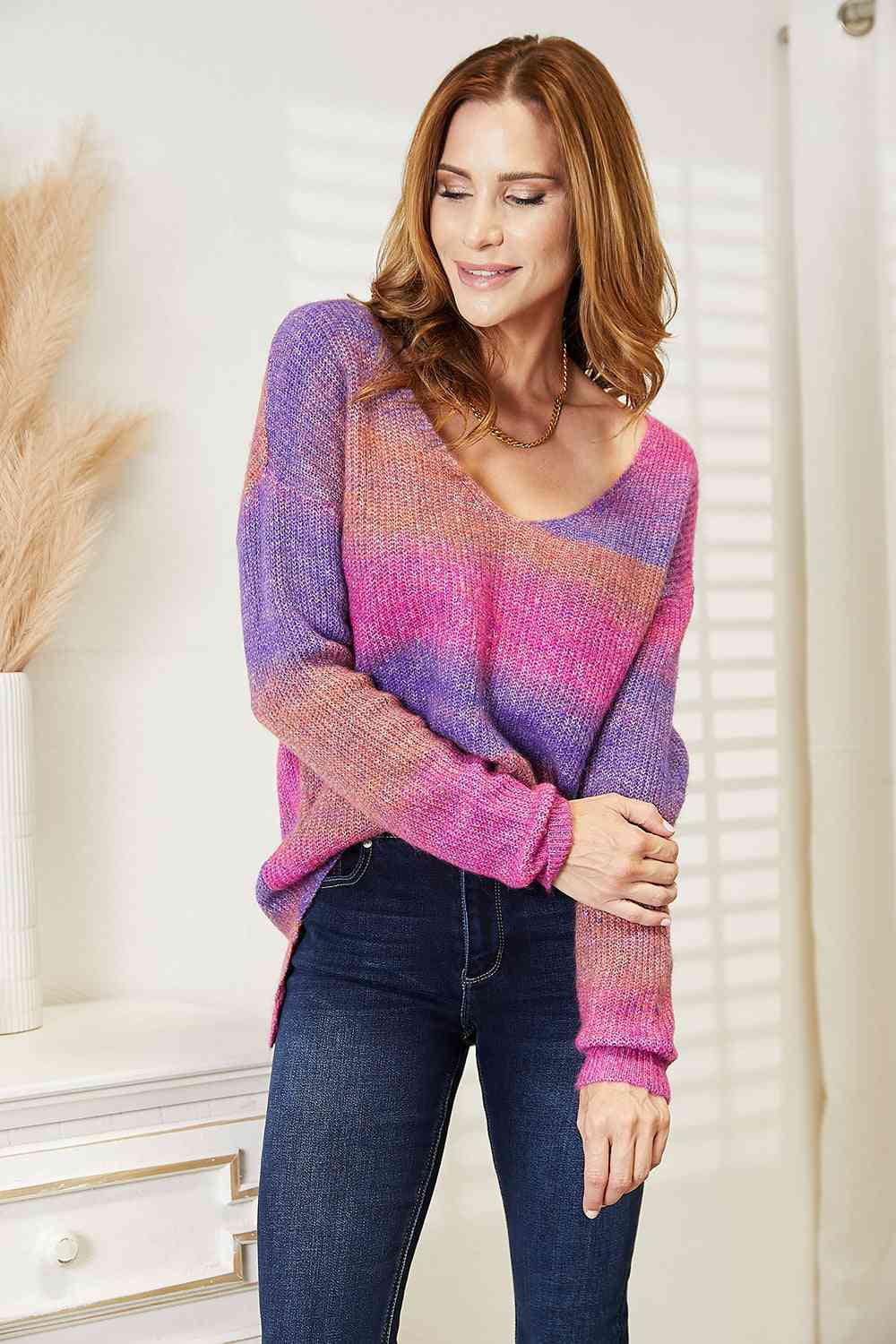 Light Gray Double Take Multicolored Rib-Knit V-Neck Knit Pullover Sentient Beauty Fashions Apparel &amp; Accessories