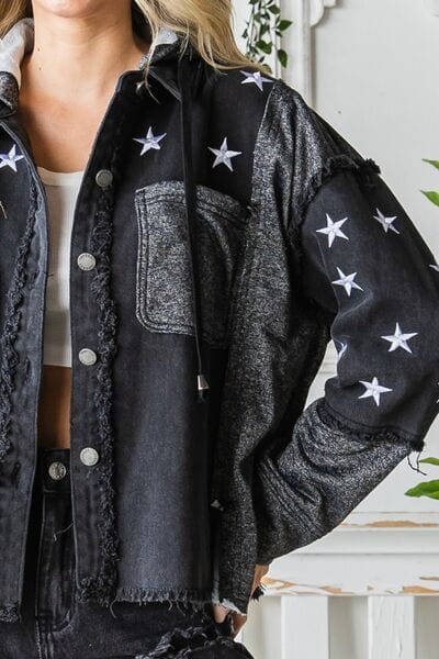 Dark Slate Gray Veveret Star Embroidered Hooded Denim Jacket