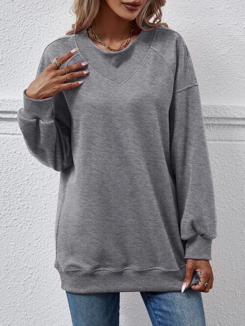 Slate Gray Round Neck Drop Shoulder Long Sleeve Sweatshirt Sentient Beauty Fashions Apparel &amp; Accessories