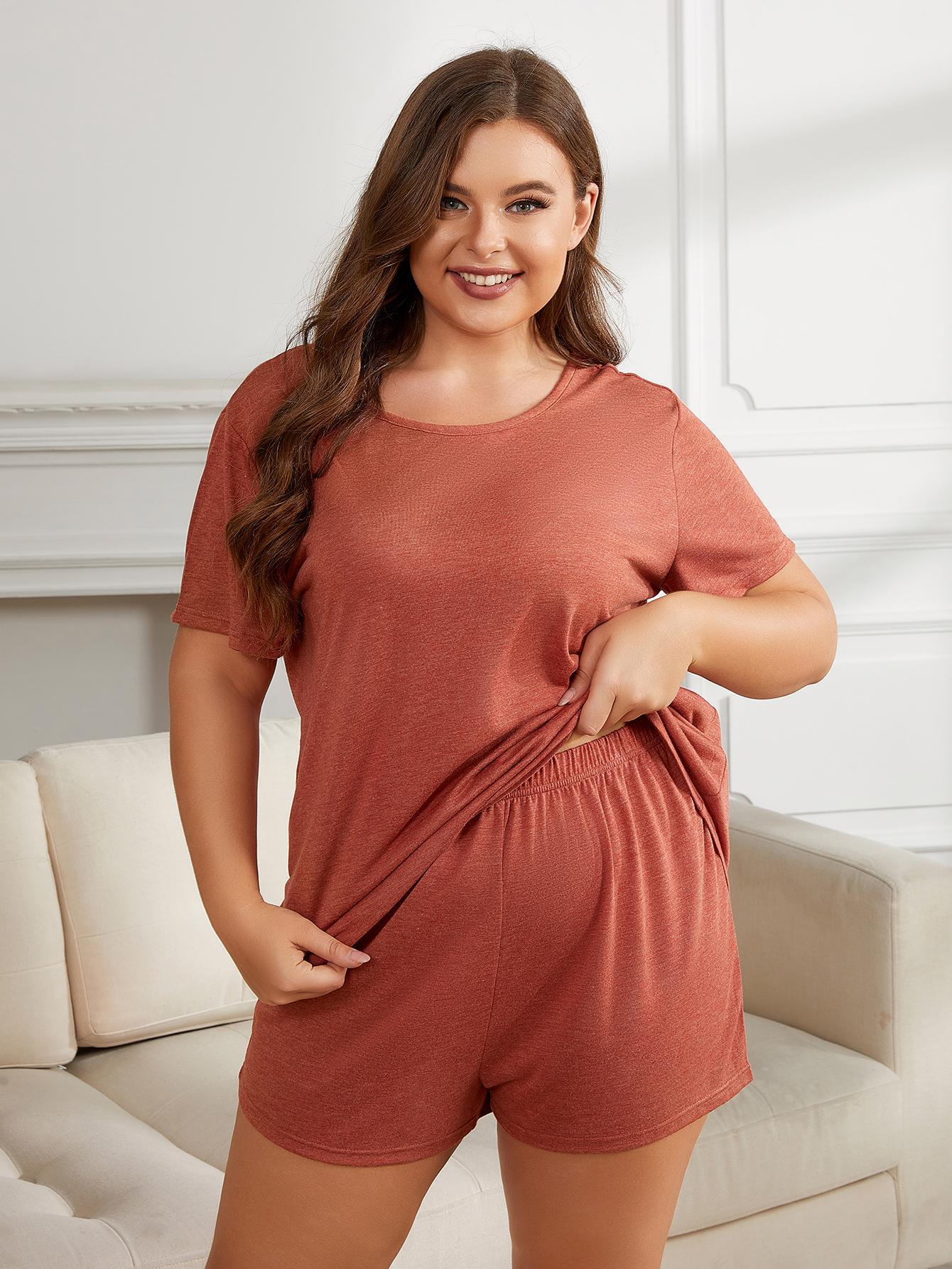 Light Gray Plus Size Round Neck Short Sleeve Two-Piece Loungewear Set Sentient Beauty Fashions Apparel & Accessories