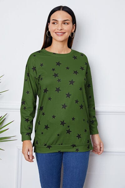 Light Gray Star Print Round Neck Dropped Shoulder Sweatshirt