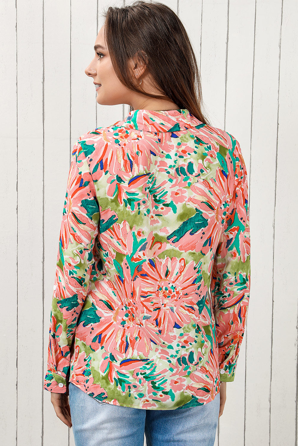 Double Take Floral Long Sleeve Collared Shirt