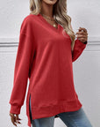 Brown V-Neck Slit Long Sleeve Sweatshirt Sentient Beauty Fashions Apparel & Accessories