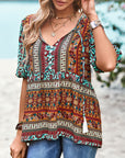 Light Gray Bohemian Tie Neck Babydoll Blouse Sentient Beauty Fashions Apparel & Accessories