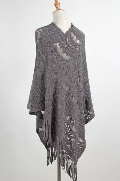 Light Gray Fringe Openwork Surplice Cape Sleeve Poncho