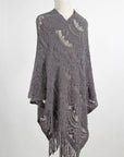 Light Gray Fringe Openwork Surplice Cape Sleeve Poncho