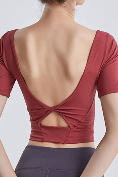 Gray Cutout Backless Round Neck Active T-Shirt Sentient Beauty Fashions Apparel &amp; Accessories
