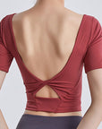 Gray Cutout Backless Round Neck Active T-Shirt Sentient Beauty Fashions Apparel & Accessories