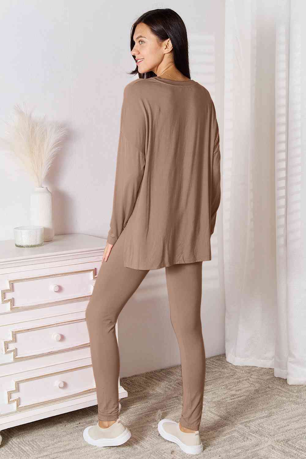 Gray Basic Bae Full Size V-Neck Soft Rayon Long Sleeve Top and Pants Lounge Set Sentient Beauty Fashions Pants