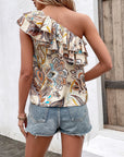 Light Gray Printed Ruffled One-Shoulder Top Sentient Beauty Fashions Apparel & Accessories