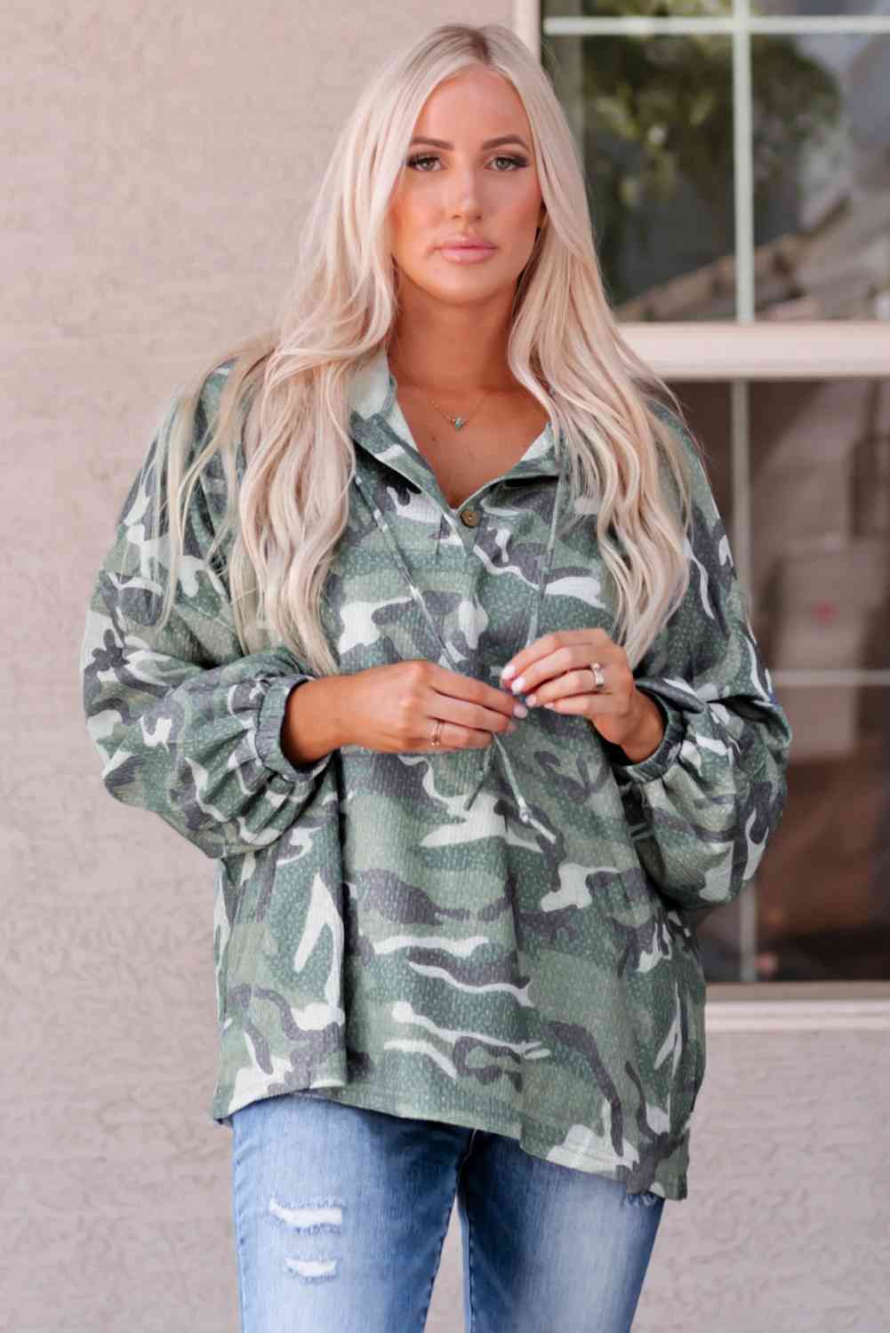 Dark Gray Camouflage Buttoned Dropped Shoulder Hoodie Sentient Beauty Fashions Apparel & Accessories
