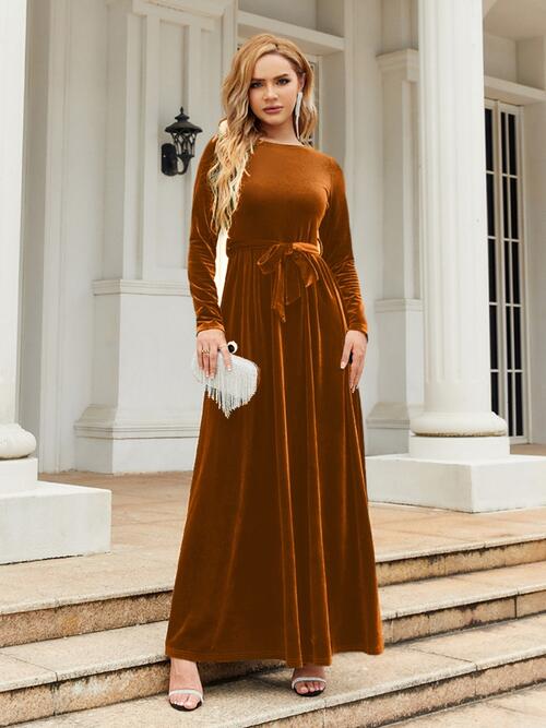 Gray Tie Front Round Neck Long Sleeve Maxi Dress