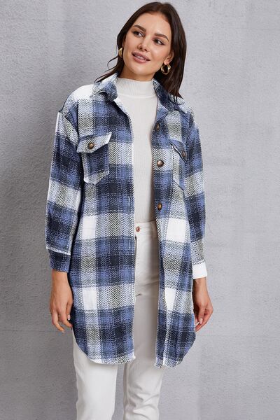 Gray Plaid Button Up Dropped Shoulder Coat with Pockets Sentient Beauty Fashions Apparel &amp; Accessories