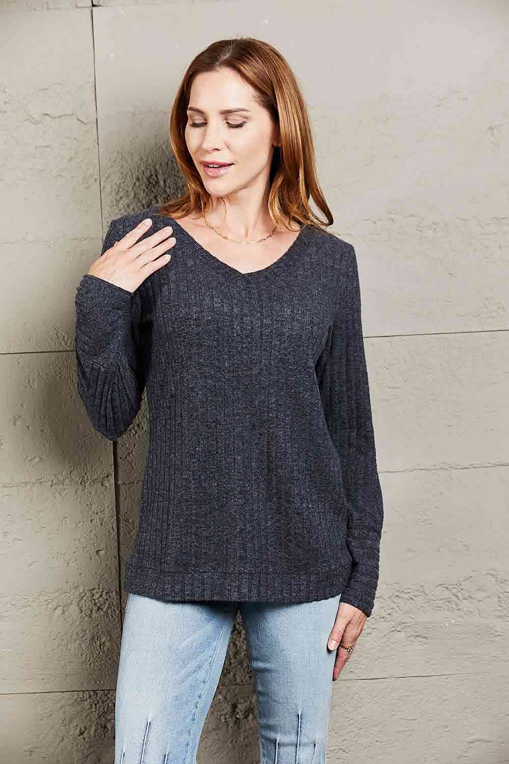 Gray Double Take V-Neck Long Sleeve Ribbed Top Sentient Beauty Fashions Apparel & Accessories
