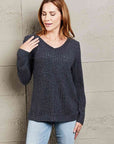 Gray Double Take V-Neck Long Sleeve Ribbed Top Sentient Beauty Fashions Apparel & Accessories