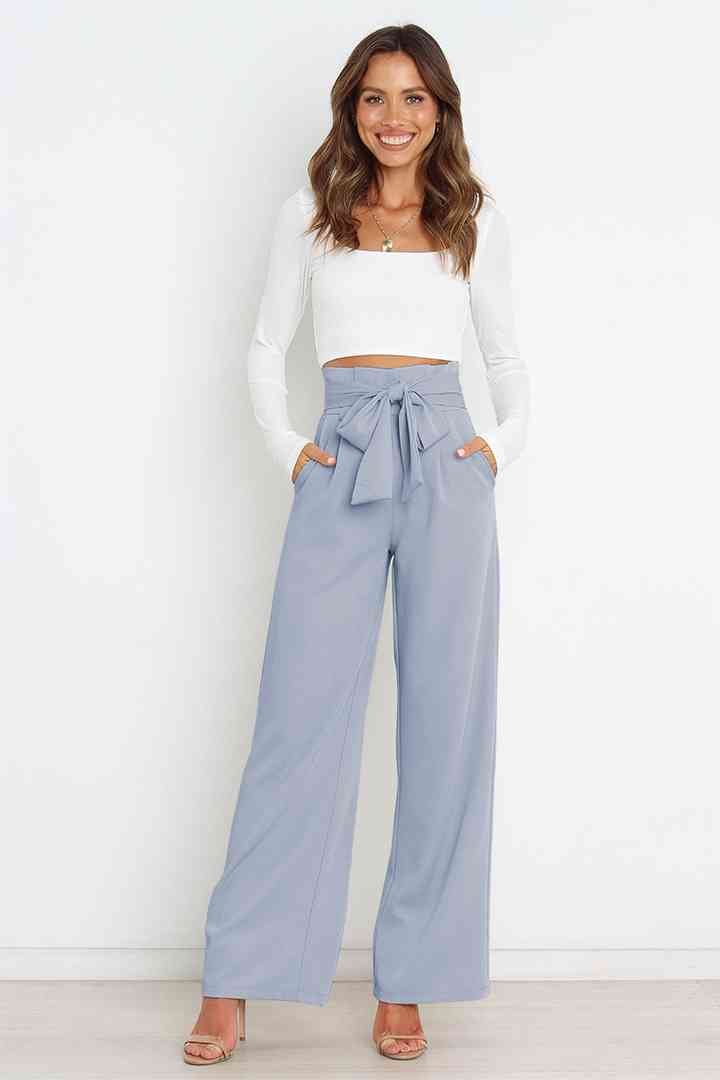 Light Gray Tie Front Paperbag Wide Leg Pants Sentient Beauty Fashions Apparel &amp; Accessories