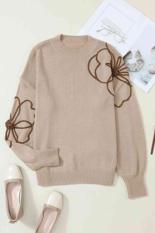 Light Gray Floral Round Neck Drop Shoulder Sweater