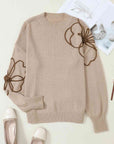 Light Gray Floral Round Neck Drop Shoulder Sweater