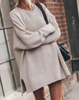 Dark Gray Openwork Round Neck Long Sleeve Slit Sweater