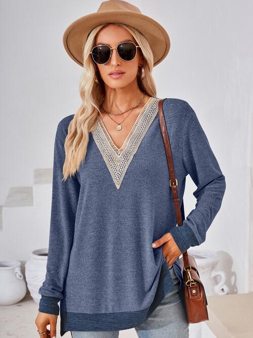 Dark Slate Gray Crochet Contrast V-Neck Long Sleeve Slit T-Shirt