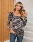 Dark Khaki Printed Square Neck Long Sleeve Blouse Sentient Beauty Fashions Apparel & Accessories