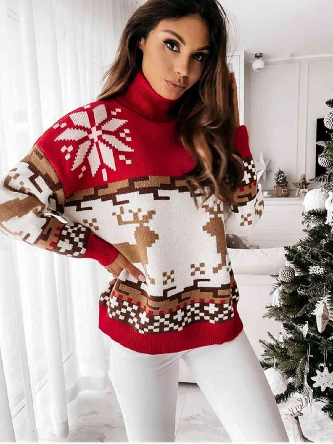 Light Gray Reindeer Turtleneck Drop Shoulder Sweater