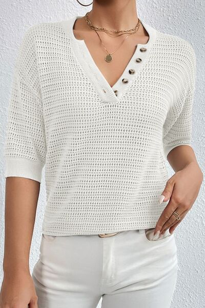 Light Gray Openwork Half Button Dropped Shoulder Knit Top Sentient Beauty Fashions Apparel &amp; Accessories