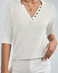 Light Gray Openwork Half Button Dropped Shoulder Knit Top Sentient Beauty Fashions Apparel & Accessories