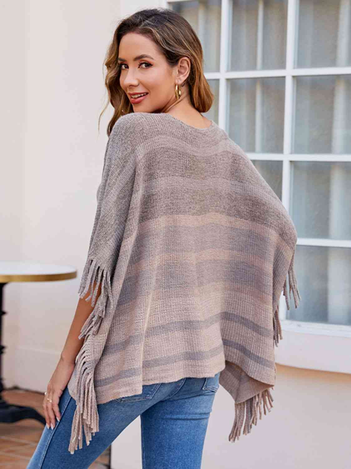 Gray Striped Boat Neck Poncho with Fringes