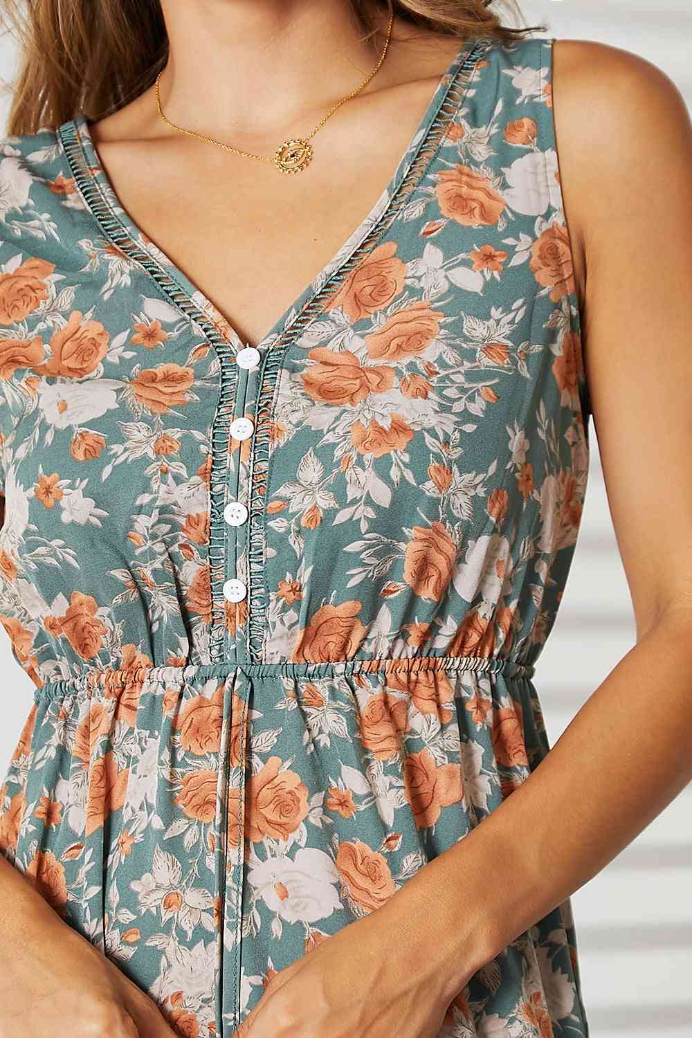 Rosy Brown Double Take Floral V-Neck Tiered Sleeveless Dress Sentient Beauty Fashions Apparel & Accessories