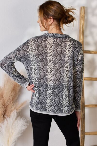Gray Hailey &amp; Co Full Size Snakeskin V-Neck Long Sleeve Top Sentient Beauty Fashions Apparel &amp; Accessories