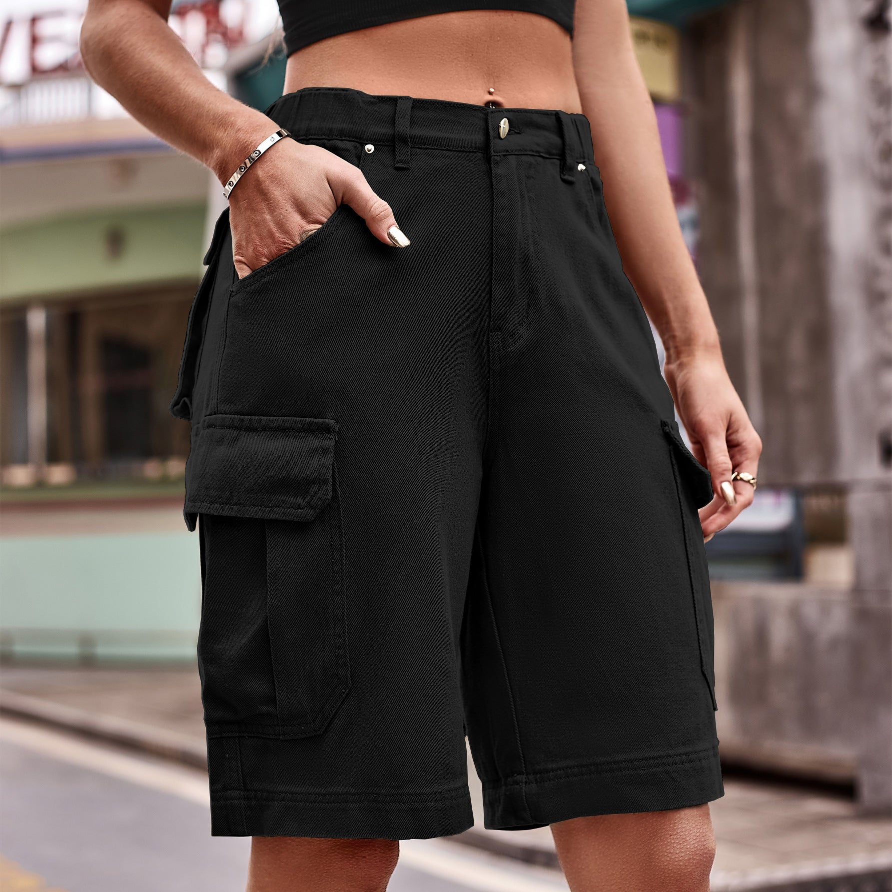 Black Denim Cargo Shorts with Pockets