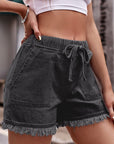 Dark Slate Gray Drawstring Raw Hem Denim Shorts