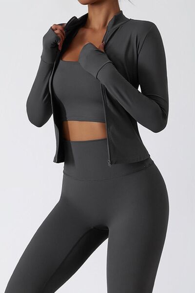 Dark Slate Gray Zip Up Mock Neck Active Outerwear Sentient Beauty Fashions Apparel &amp; Accessories